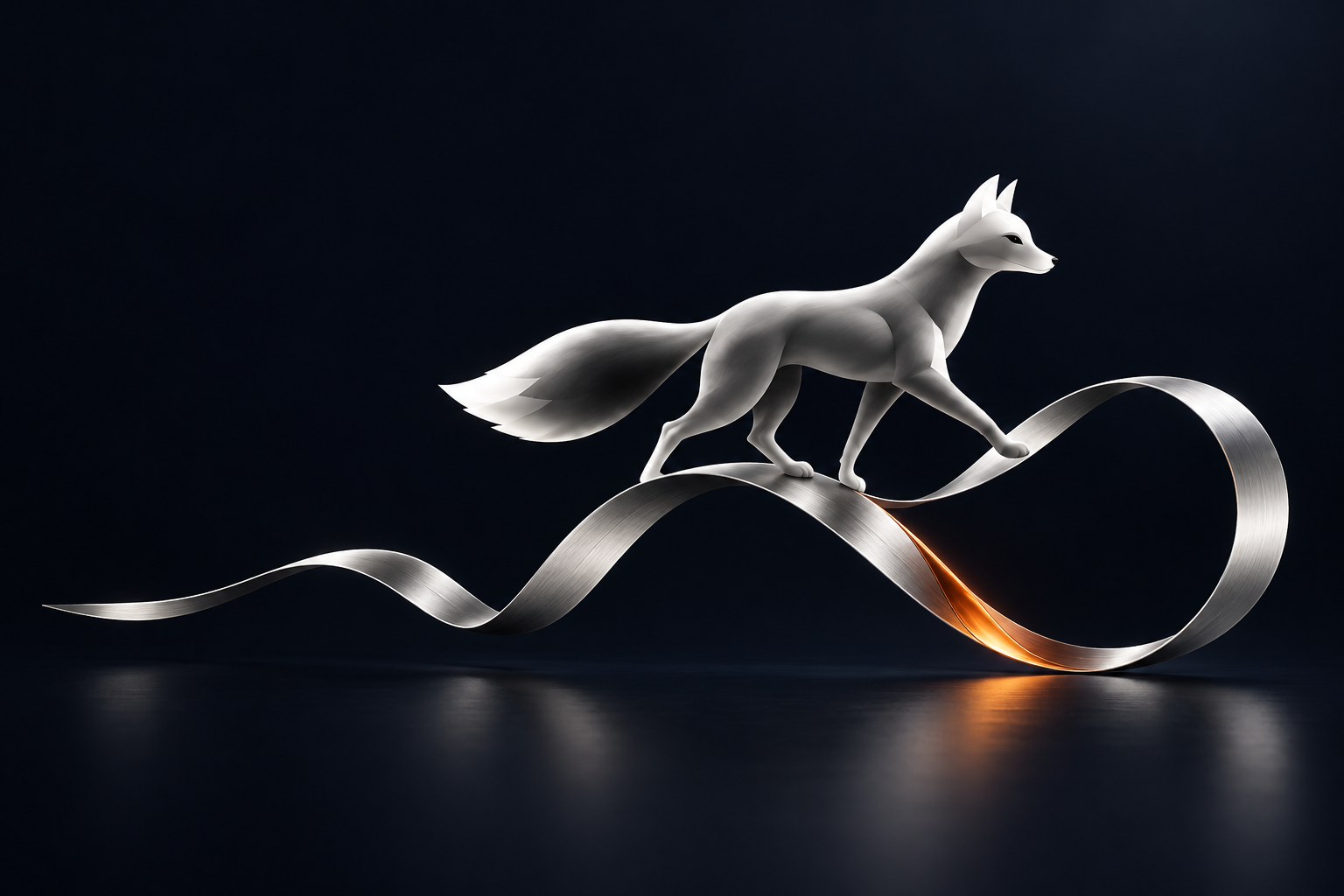 A silver fox walking on a sculptural ribbon of sound, with a single orange curve