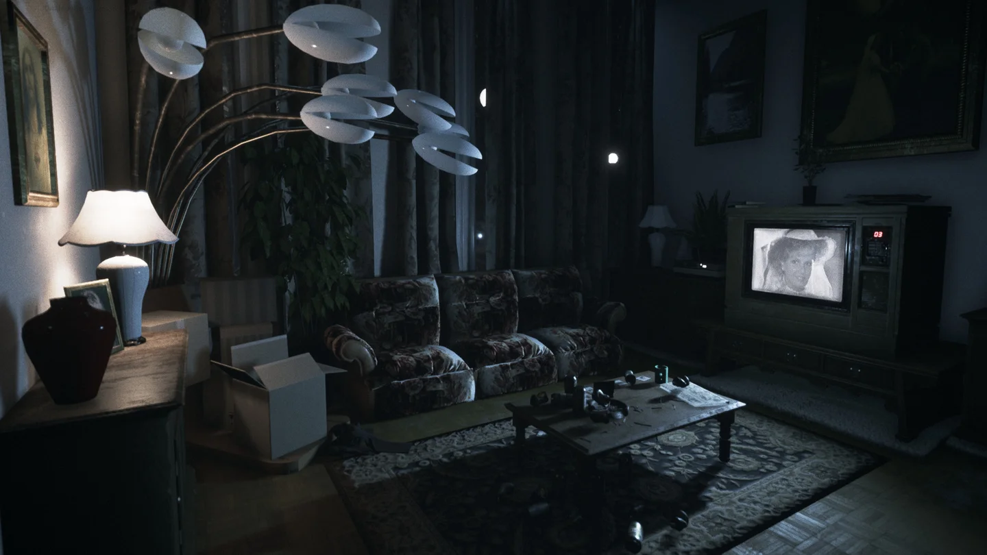 Official Visage screenshot: a dim living room with a television
